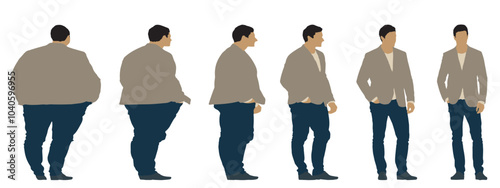 Conceptual fat overweight obese man vs slim fit healthy body after weight loss or diet, white background banner. A  fitness, nutrition or obesity, health care shape illustration vector as silhouettes