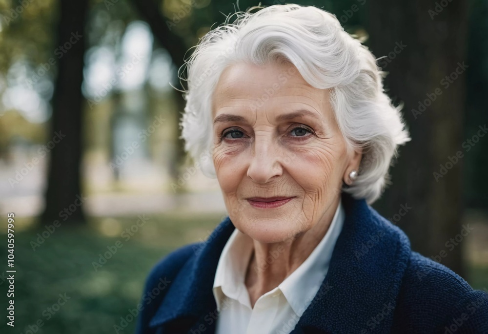 Sophisticated older French woman is in the open air. Demeanor reveals a lifetime of experiences and reflections, embodying grace and wisdom. Well-groomed woman 70 years old with grey hair. AI