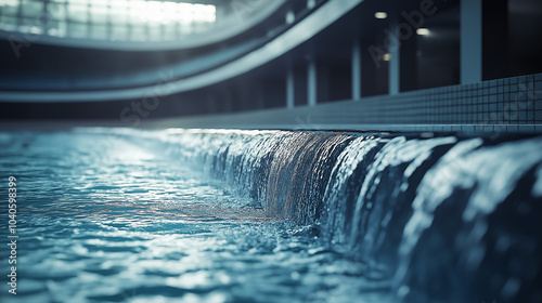 Water cascading down stone walls in a pool area. Smooth, blue water and grey/dark stone features photo