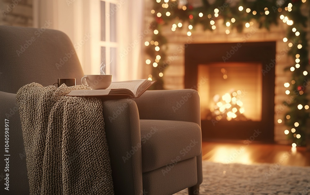 Obraz premium Cozy armchair by the fireplace adorned with twinkling lights, inviting relaxation on a winter evening at home