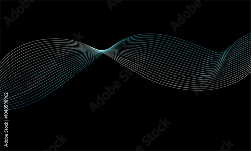 vector curvy abstract line art wavy flowing dynamic blue black background in concept music or sound, wave, wind, information flow, motion