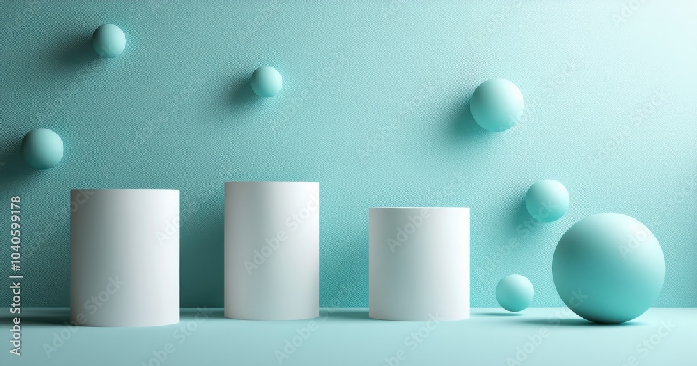 Minimalist background featuring three white cylinders and floating spheres on a serene teal backdrop, emphasizing balance and simplicity in design concepts Minimalist background featuring three white cylinders and floating spheres on a serene teal backdrop, emphasizing balance and simplicity in design concepts