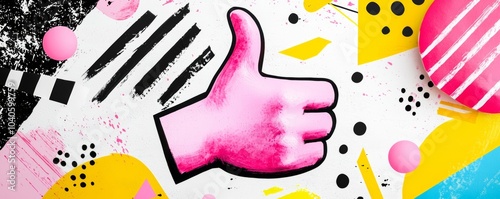 A collage with a graphic thumbs-up illustration surrounded by intersecting lines and retro shapes, using pastel pink, black, and yellow tones for a contemporary look. photo