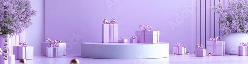 Elegant presentation of gift boxes on a minimalist purple and cream backdrop with delicate flowers