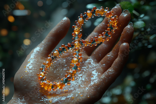 A creator's hand holding DNA strands, symbolizing the intelligent design of life. Concept of creationism.