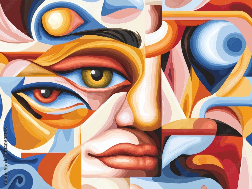 Abstract face pieces like eyes, mouths, and ears layered on a swirl ...
