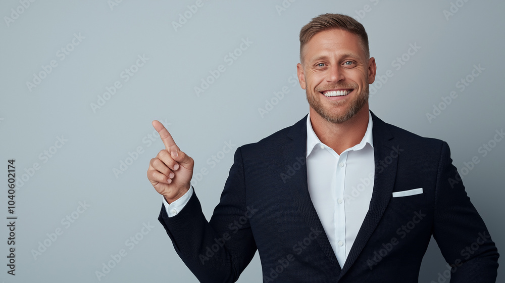 A man in a dark suit smiles and points to the right A man in a dark suit smiles and points to the right