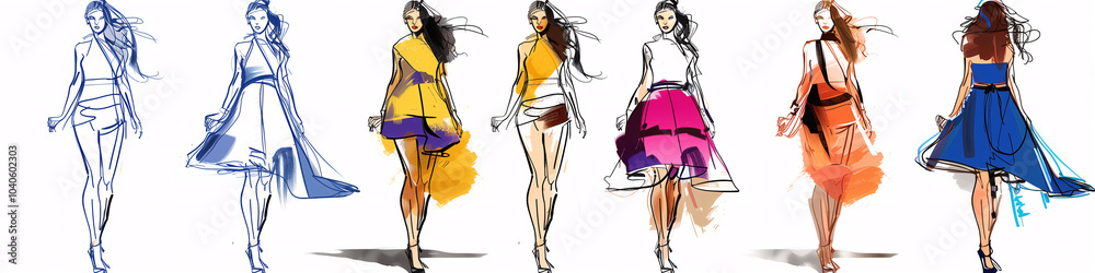 Boceto de diseño de moda con figurines y ropa colorida Boceto de diseño de moda con figurines y ropa colorida