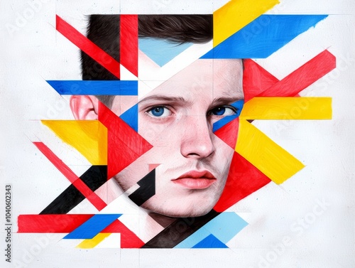 An abstract face fragmented into geometric sections, surrounded by colorful shapes and retro typography, giving the illusion of movement and dimension.