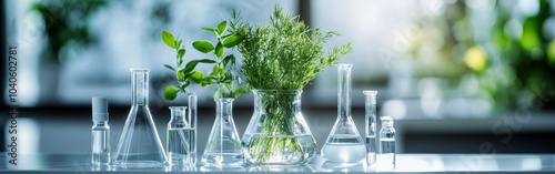 Laboratory setup featuring various glassware and fresh herbs on a table with bright natural light in a research environment