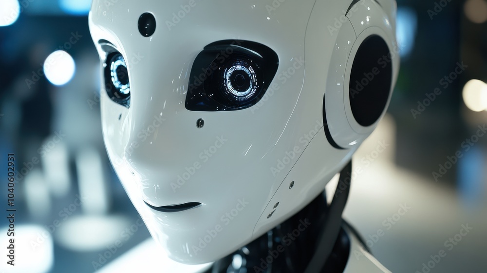 A detailed shot of the AI-powered facial recognition and emotional response system of a humanoid robot companion in a robotics development center, AI style, photo of A detailed shot of the AI-powered facial recognition and emotional response system of a humanoid robot companion in a robotics development center, AI style, photo of