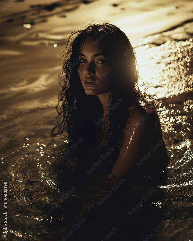 Fototapeta premium A serene sunset moment by the shoreline with a silhouette in a black bikini