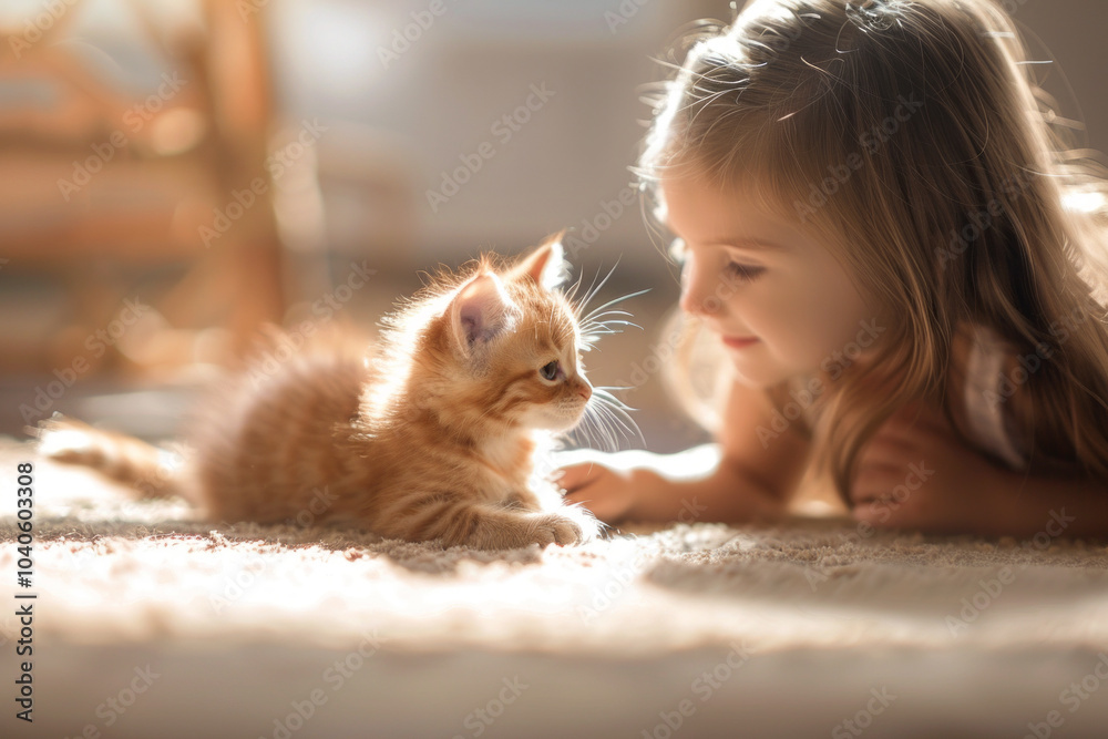 A cute little girl lying on floor and playing with pretty kitten at home. First pet A cute little girl lying on floor and playing with pretty kitten at home. First pet
