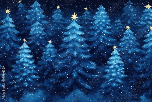 Seamless pattern of blue Christmas trees in a snowy winter night scene with golden stars on top photo