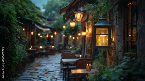 narrow, stone-paved alleyway with outdoor cafes, lit by lanterns and warm light photo