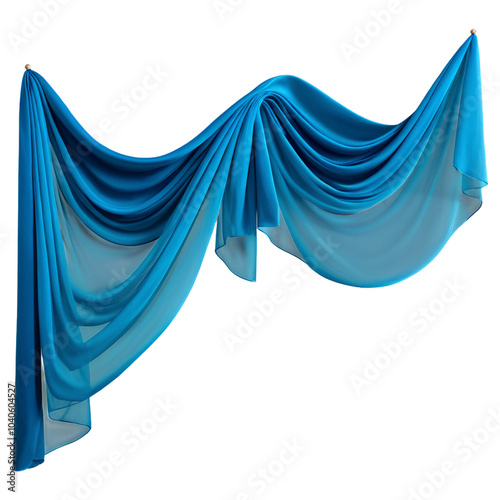 Blue Silk fabric, transparent cloth, gracefully flowing in a wave pattern. Fashionable satin drapery, motion of a flying scarf, chiffon veil isolated against a transparent background. photo