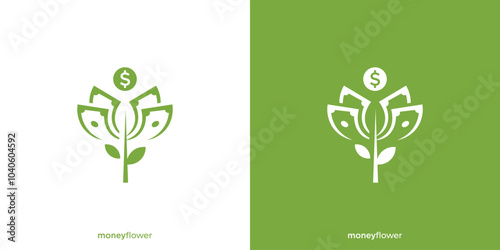 Money Flower Logo. Money and Flower or Plant with Minimalist Style. Growth Financial Logo, Icon, Symbol, Vector, Design Inspiration.