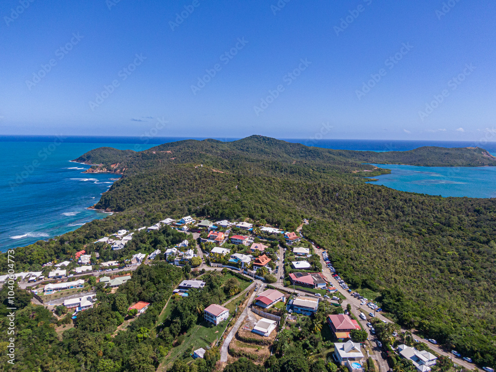 Naklejka premium Aerial view of the Caravelle Peninsula, Tartane, Martinique, West Indies, France