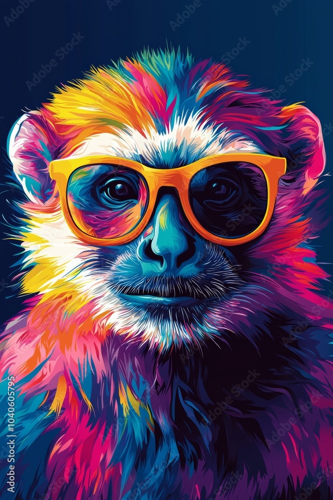 A Vibrant and Cheerful Monkey Wearing Cool Sunglasses Depicted in a Colorful Art Style A Vibrant and Cheerful Monkey Wearing Cool Sunglasses Depicted in a Colorful Art Style