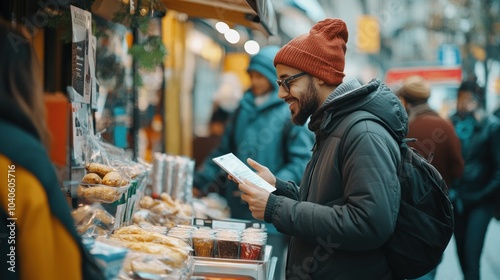 A man in a red hat smiling as he orders food at a street vendor stall.