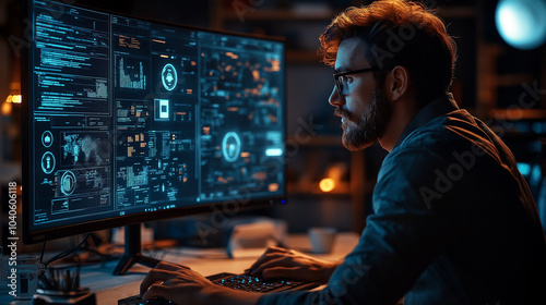 person is seated at a desk, looking at a computer monitor with many glowing, technical-looking graphics on it