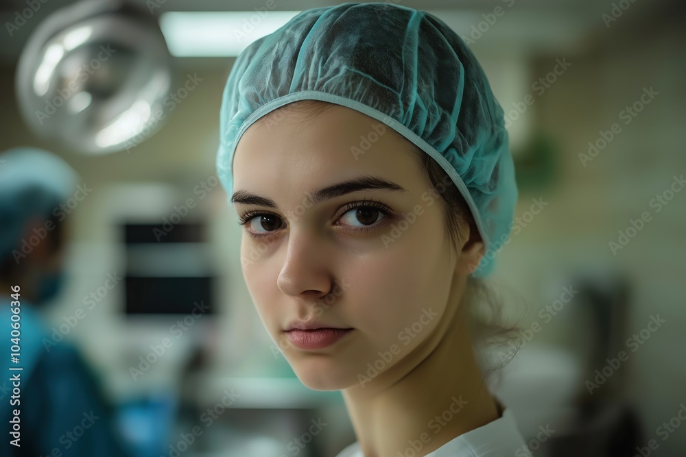 Young medical professional in surgical attire during a procedure in a modern hospital setting Young medical professional in surgical attire during a procedure in a modern hospital setting