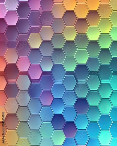 Geometric honeycomb pattern with vibrant color gradients and metallic texture