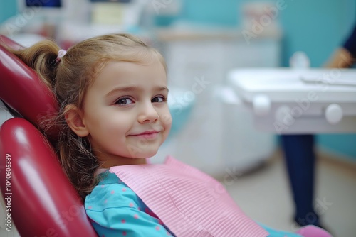 Young child smiling in a dentist chair during a check-up at a dental clinic in the afternoon