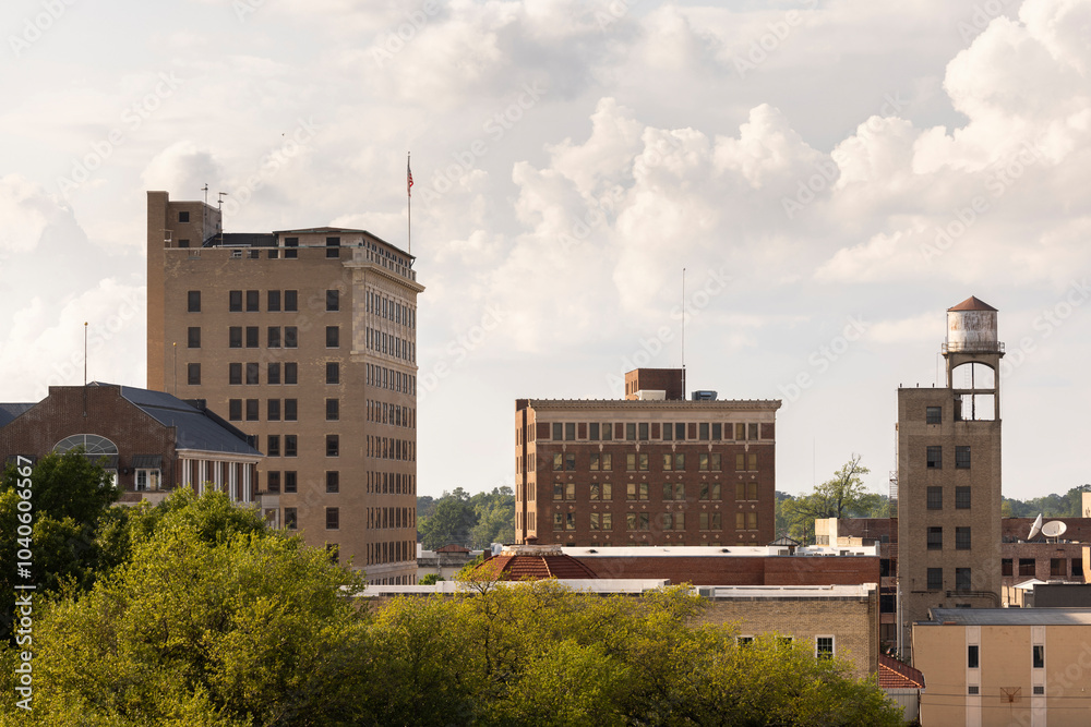Monroe, Louisiana, USA - April 4, 2024: Afternoon sunlight shines on the historic buildings in the skyline of downtown Monroe.