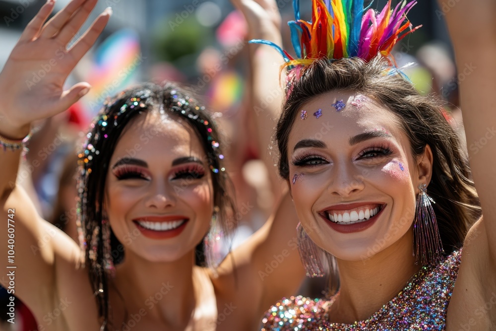 Two women in bright, glittery attire wave enthusiastically during a street festival, surrounded by a joyful crowd and waving rainbow flags, celebrating pride. Two women in bright, glittery attire wave enthusiastically during a street festival, surrounded by a joyful crowd and waving rainbow flags, celebrating pride.