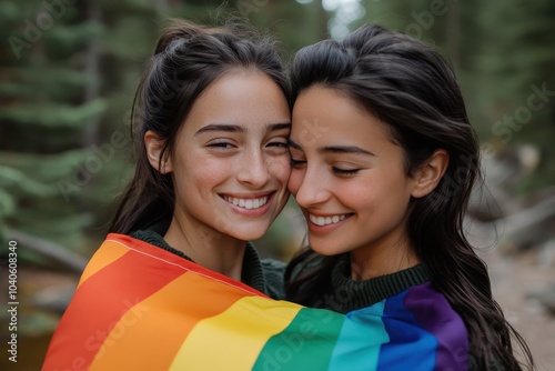 Two women wrapped in a rainbow flag, symbolizing sisterly love and unity, with a joyful expression set against a lush forest backdrop. photo