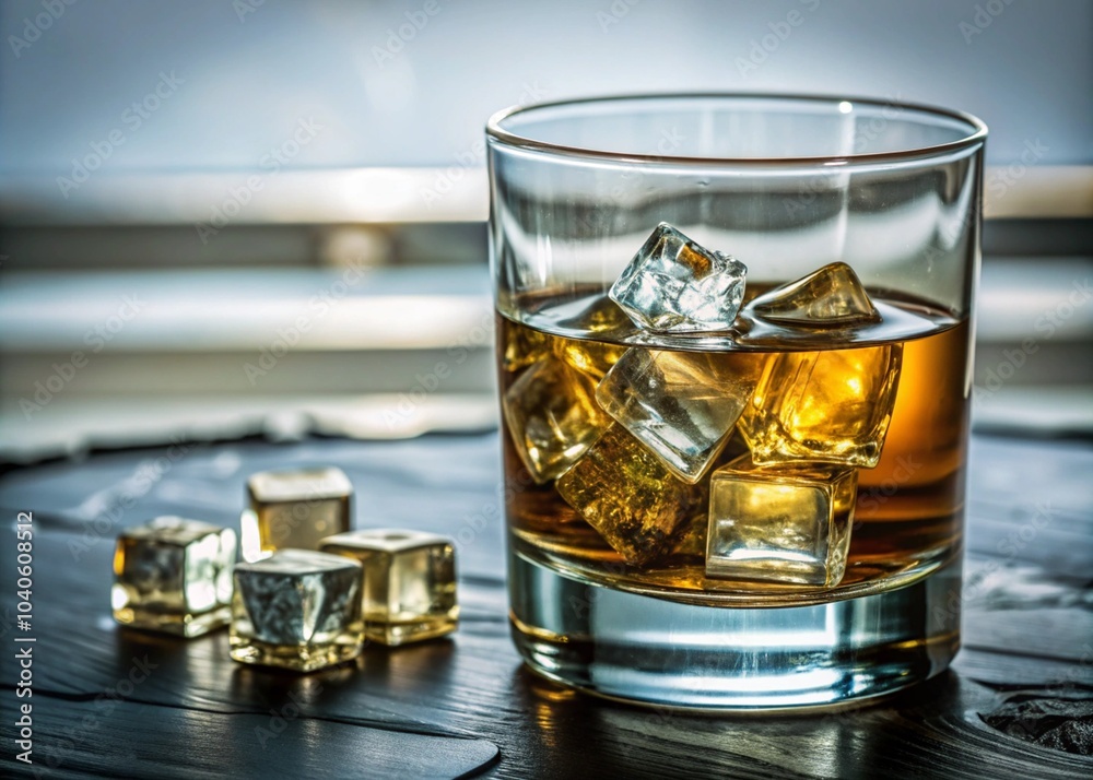 glass of whiskey and ice on brown background glass of whiskey and ice on brown background