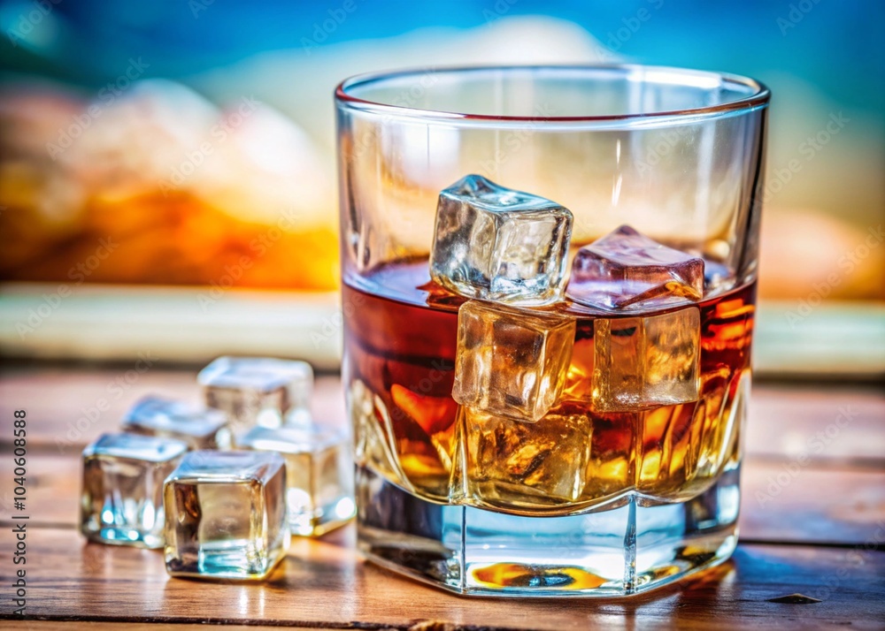 glass of whiskey and ice on brown background