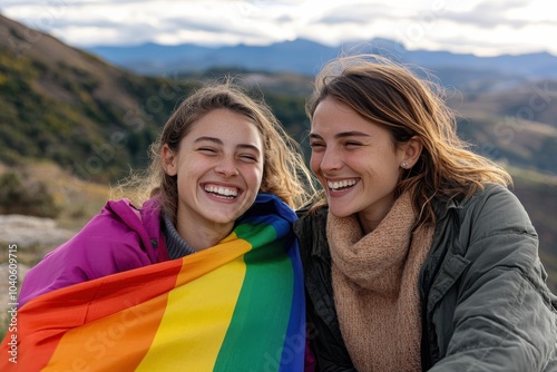 Two friends, full of joy, enjoy each other's company while draped in a colorful rainbow flag, portraying unity and joy, against a picturesque natural setting.