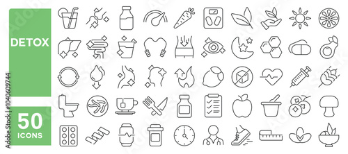Set of 50 line icons related to detox, fresh, cleanse, nourishment, healthy, metabolism, probiotics, lifestyle, dietitian, Editable stroke. Vector illustration
