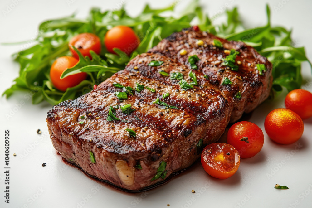 Juicy grilled steak garnished with fresh herbs, served alongside crisp salad of arugula and cherry tomatoes, creating delightful and appetizing meal Juicy grilled steak garnished with fresh herbs, served alongside crisp salad of arugula and cherry tomatoes, creating delightful and appetizing meal