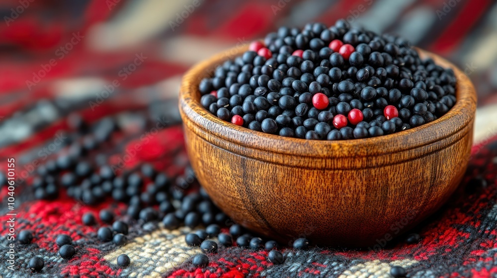 A bowl of black and red seeds on a textured background. A bowl of black and red seeds on a textured background.