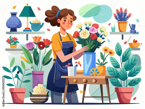 A florist arranging a colorful bouquet in her shop filled with vibrant plants and flowers during a sunny afternoon