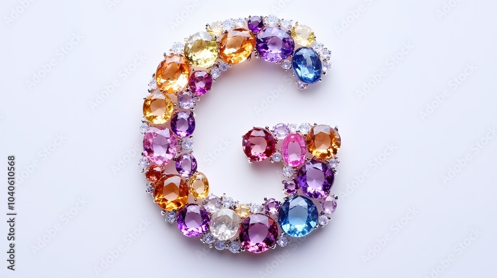 59. A letter G designed with beautiful gemstones, sparkling on a white background 59. A letter G designed with beautiful gemstones, sparkling on a white background