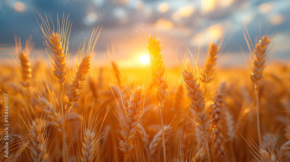 A stunning close-up view of golden wheat ears swaying in the breeze at sunset. Capturing the beauty of nature during harvest season. A stunning close-up view of golden wheat ears swaying in the breeze at sunset. Capturing the beauty of nature during harvest season.