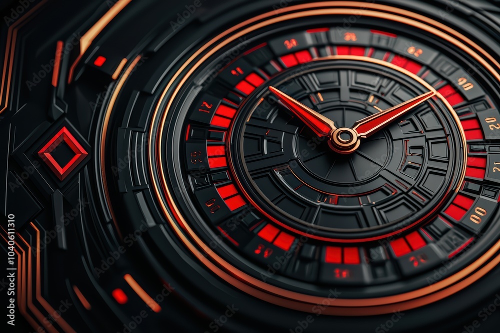 Close-up of a futuristic watch with intricate design and glowing red accents on a dark background. Close-up of a futuristic watch with intricate design and glowing red accents on a dark background.