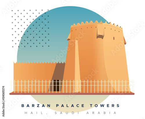 Historic Barzan Palace Tower in Hail - Saudi Arabia - Stock Illustration