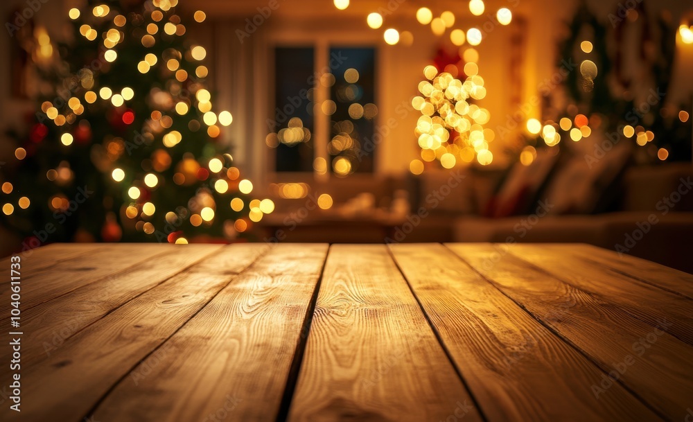 Empty wooden table top with blurred living room interior decorated for Christmas background, product display template Generative AI Empty wooden table top with blurred living room interior decorated for Christmas background, product display template Generative AI