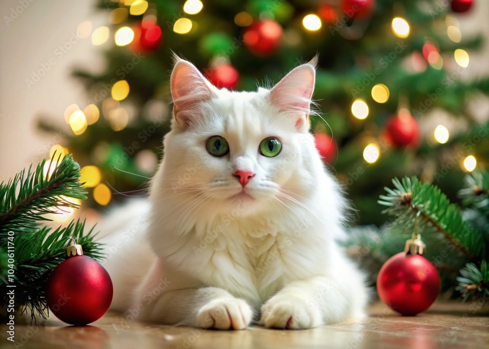 Home New Year atmosphere. A beautiful cat celebrates New Year and Christmas