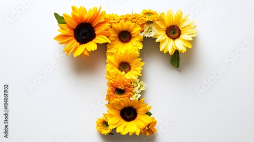 72. A letter T designed from beautiful sunflowers, arranged gracefully on a white background photo