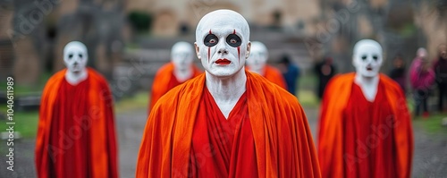 Actors dressed as Roman ghosts performing eerie plays at Pompeii s Halloween festival selective focus - Theatrical blend of history and fright - surreal - Multilayer - Amphitheater photo