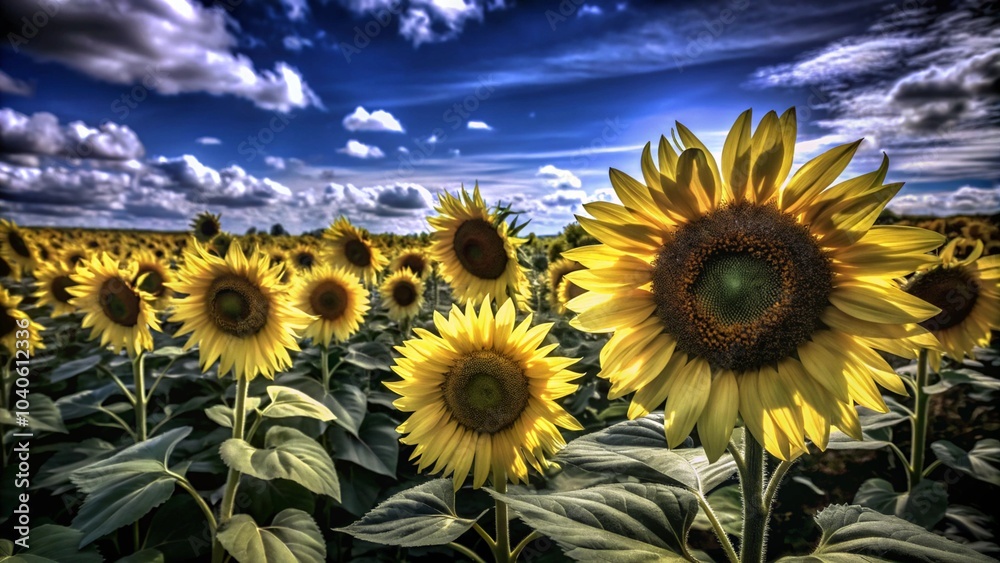 Fototapeta premium field of yellow sunflowers. Flowering meadow on summer landscape