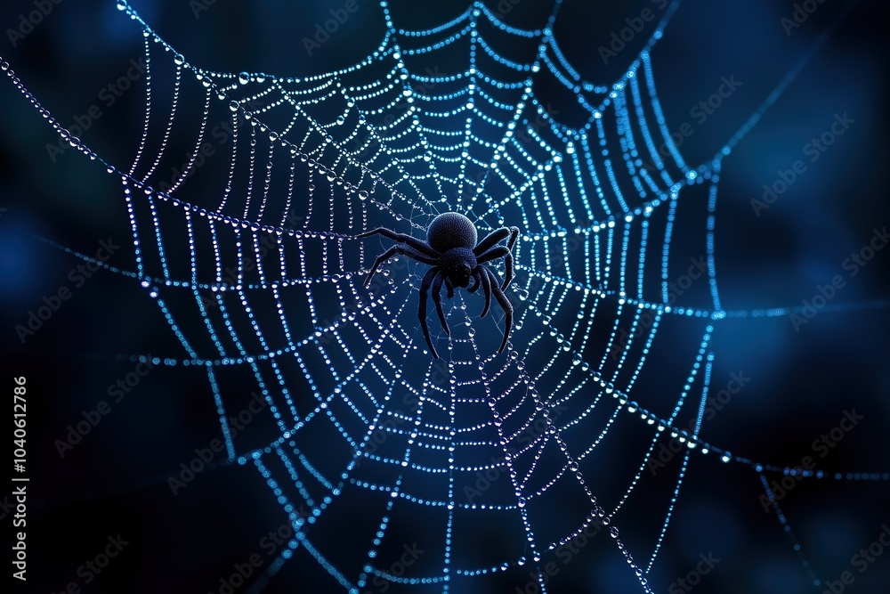 Fototapeta premium Creepy wild venomous spider on glowing web against dark background. Eerie banner with copy space. Scary insect, arachnid. Concept of fear and Halloween atmosphere. Banner with copy space