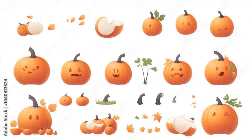 Set of Halloween themed pumpkin with scary lighting face isolated on white background Set of Halloween themed pumpkin with scary lighting face isolated on white background