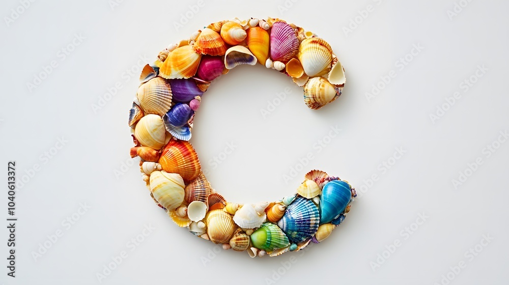 81. A letter C crafted from colorful shells, artistically arranged on a white background 81. A letter C crafted from colorful shells, artistically arranged on a white background